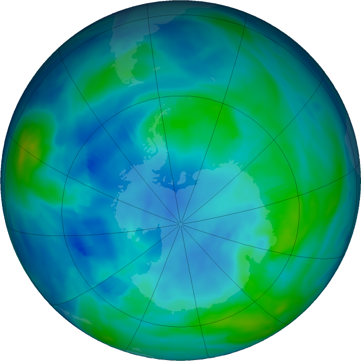 Antarctic ozone map for 03 May 2020
